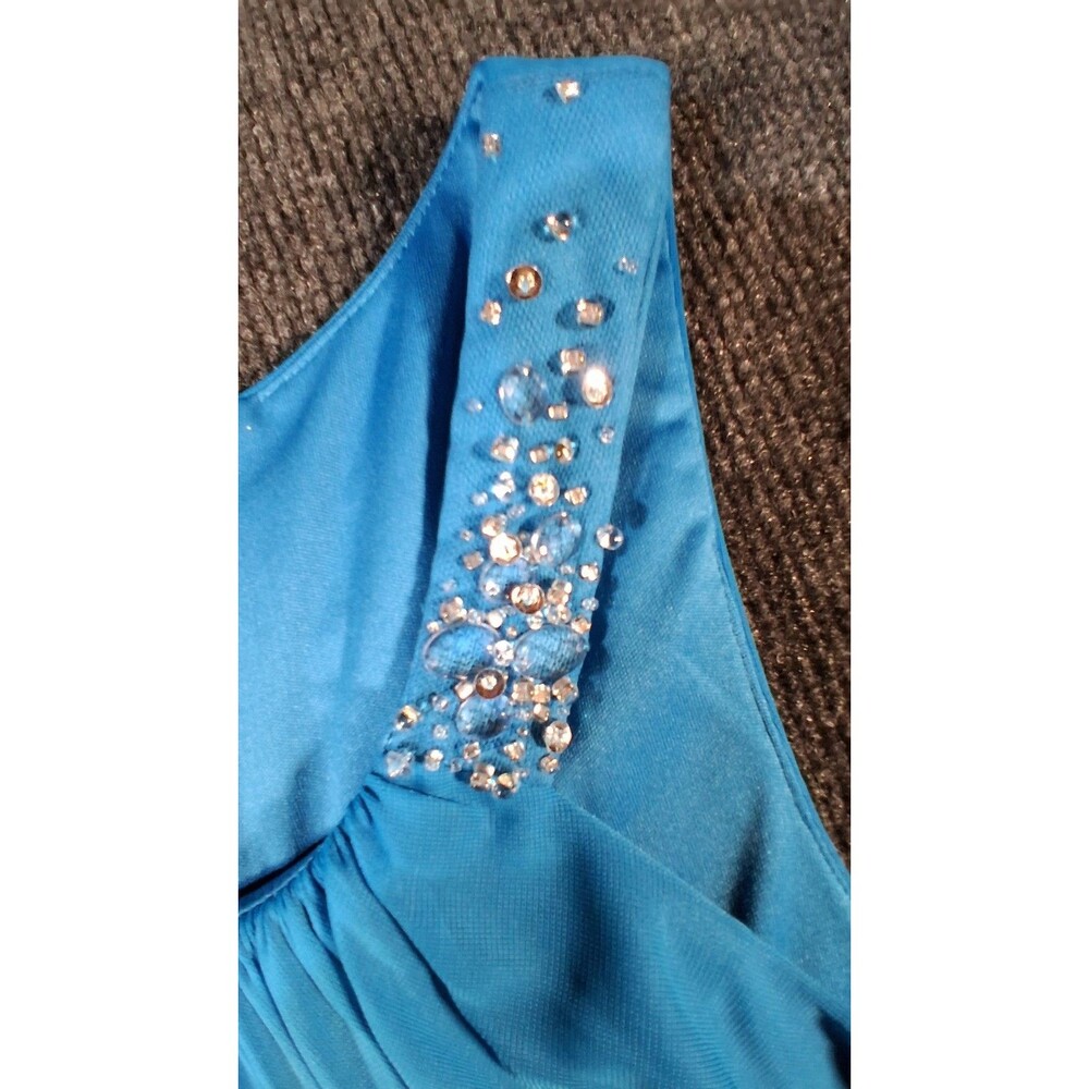 DAVID'S BRIDAL  long beaded u neck dress with ruched waist color: pacific SZ 2 - Picture 2 of 9